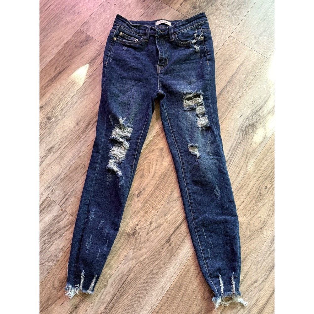 Zenana Womens Distressed Skinny Jeans Dark Wash Ripped Frayed Hem Size 27